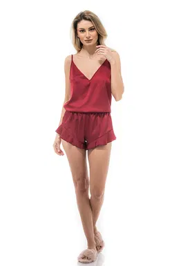 Pantaloni scurti de pijama din satin cu garnituri franjurate Chintya