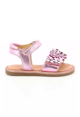 Sandale de piele cu velcro si detalii florale - Roz