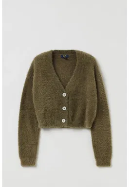 Cardigan crop din material pufos