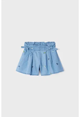 Pantaloni scurti din chambray cu detalii florale brodate