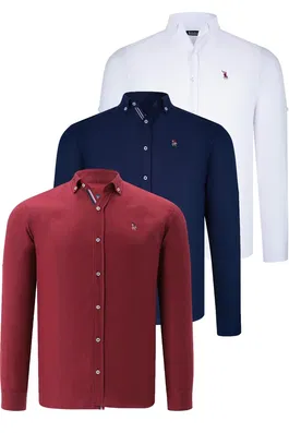 TRIPLE SET G674 DEWBERRY MENS SHIRT-NAVY BLUE-WHITE-BURGUNDY