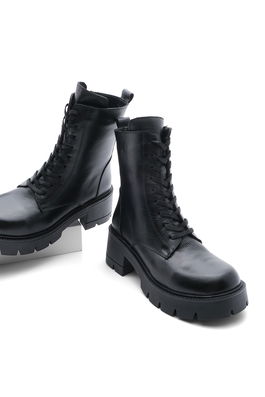 Marjin Women's Genuine Leather Boots Boots with Lace-up Zipper, Serrated Sole Masquerade Daily Boots Redol Black.