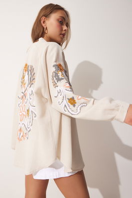 Happiness İstanbul Women's Cream Embroidery Linen Oversize Kimono