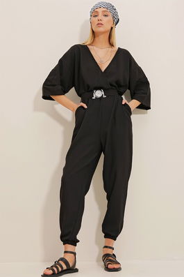Trend Alaçatı Stili Women's Black Double Breasted Collar, Waist Belted Linen Overalls