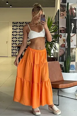 Madmext Women's Orange Basic Pleated Long Skirt