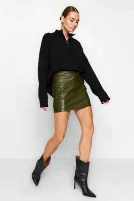 Trendyol Khaki Faux Leather Cargo With Pocket High Waist Fitted/Small Mini Skirt