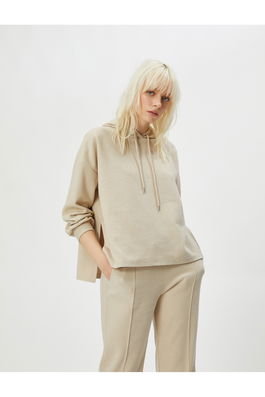 Koton Hooded Sweatshirt Ribbed Off Shoulders Long Sleeve