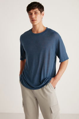 GRIMELANGE Lucas Linen-Look Regular T-shirt in Navy Blue.