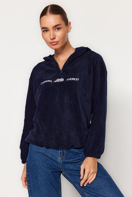 Trendyol Navy Blue Thick Fleece Hooded Embroidery Regular/Regular Knitted Sweatshirt