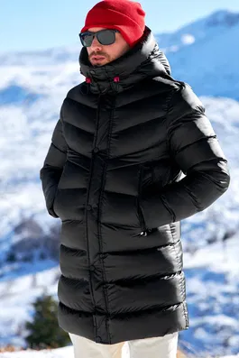 River Club Men's Hooded Water and Windproof Black Inflatable Fiber Filled Long Winter Coat, Parka Coat.