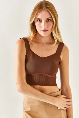 Olalook Women's Bitter Brown Strap Skirt Detailed Knitwear Blouse