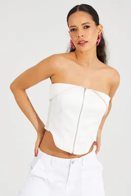 Cool & Sexy Women's White Zippered Strapless Crop Top