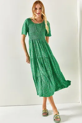 Olalook Women's Green Crew Neck Guipure Midi Woven Viscose Dress