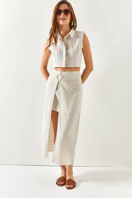 Olalook Women's Ecru 2-Piece Linen Skirt With Accessory Detail