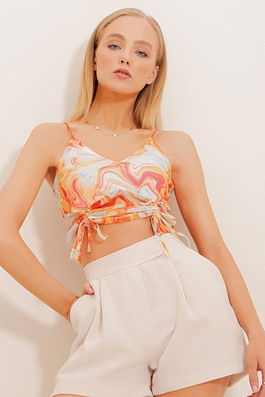 Trend Alaçatı Stili Women's Orange Straps and Tulle Crop Top with Shirring and Lining