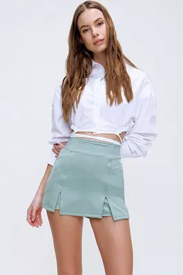 Trend Alaçatı Stili Women's Turquoise Mini Skirt with Slit Detail