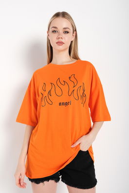 K&H TWENTY-ONE Women's Orange Oversize Flame Print Front Tshirt