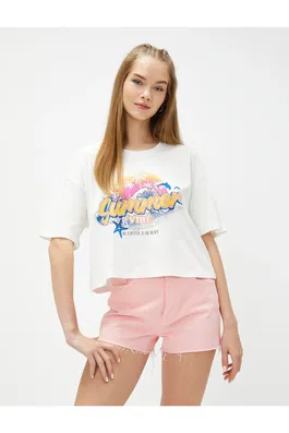 Koton Crop T-Shirt Printed Crew Neck Short Sleeve Cotton