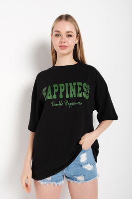 K&H TWENTY-ONE Women's Black Happiness Print Oversized Tshirt