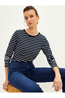 LC Waikiki Women's Crew Neck Striped Long Sleeve Cotton T-Shirt