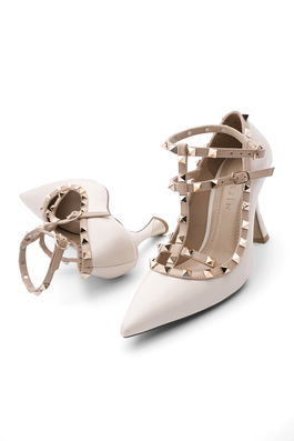 Marjin Women's Staple Detailed Stiletto Heel Shoes Esleva Beige.