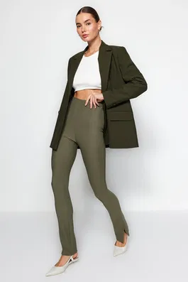 Trendyol Khaki Ottoman High Waist Knitted Leggings With Side Slits.