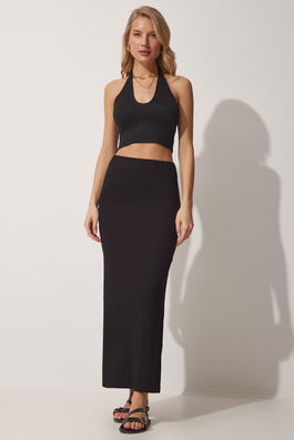 Happiness İstanbul Women's Black Slit Wrap Midi Viscose Knitted Skirt