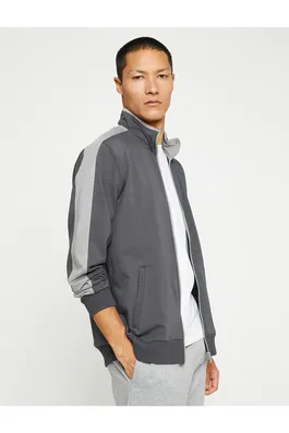 Koton Stand Up Collar Sports Sweatshirt with Color Block, Pocket Detailed and Zipper.