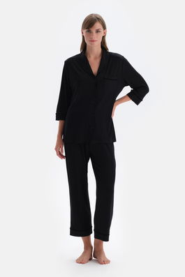 Dagi Black Velvet Stripe Detailed Shirt Pants Pajamas Set