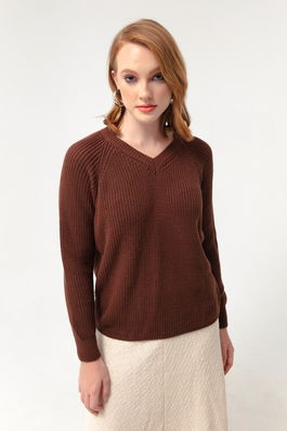 Lafaba Women's Brown V-Neck Knitwear Sweater