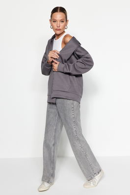 Trendyol Anthracite Oversize Hoodie, Knitted Sweatshirt