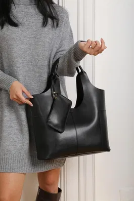 Madamra Black Women's Wallet with Side Pockets. Detailed Hand and Shoulder Bag.