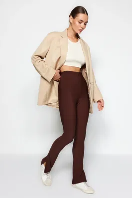 Trendyol Brown Ottoman High Waist Knitted Leggings with Slits in the Sides
