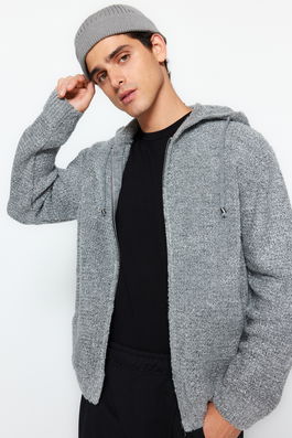 Trendyol Gray Men's Regular Fit Hooded Pocketed Textured Knitwear Cardigan