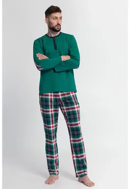 Pijama din bumbac cu fenta cu nasturi Tartan