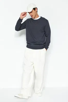 Trendyol Anthracite Men's Regular/Normal Cut Sweatshirt with Text and Embroidery 100% Cotton