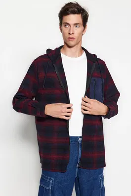 Trendyol Navy Blue Men's Oversize Fit Hoodie and Checkered Shirt.