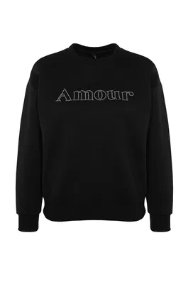 Trendyol Black Sticky Stone Printed Regular Fit Knitted Sweatshirt with Raker inside.