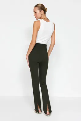 Trendyol Dark Khaki High Waist Slit Back Leg Interlock Knitted Tights