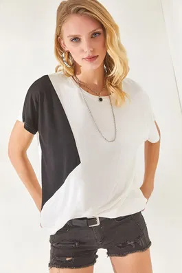 Olalook Women's White Color Block Bat Knit Viscose Blouse