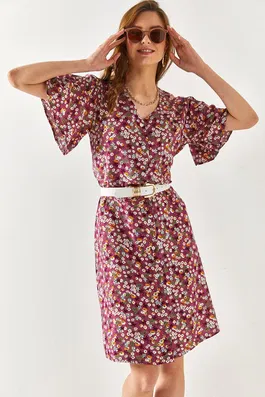 Olalook Women's Dry Rose V-neck Belted A-Line Shirt Dress