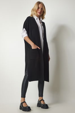 Happiness İstanbul Women's Black Oversized Long Knitwear Vest with Pockets
