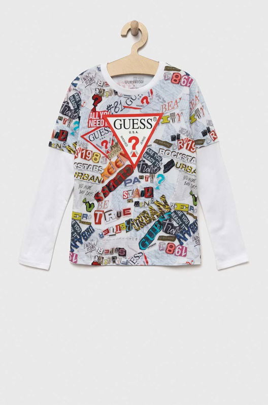 Guess longsleeve din bumbac pentru copii culoarea alb, modelator , Mânecă lungă Barbati