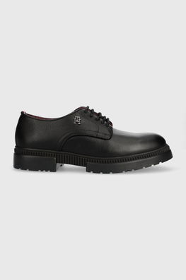 Tommy Hilfiger pantofi de piele COMFORT CLEATED THERMO LTH SHOE barbati, culoarea negru, FM0FM04647