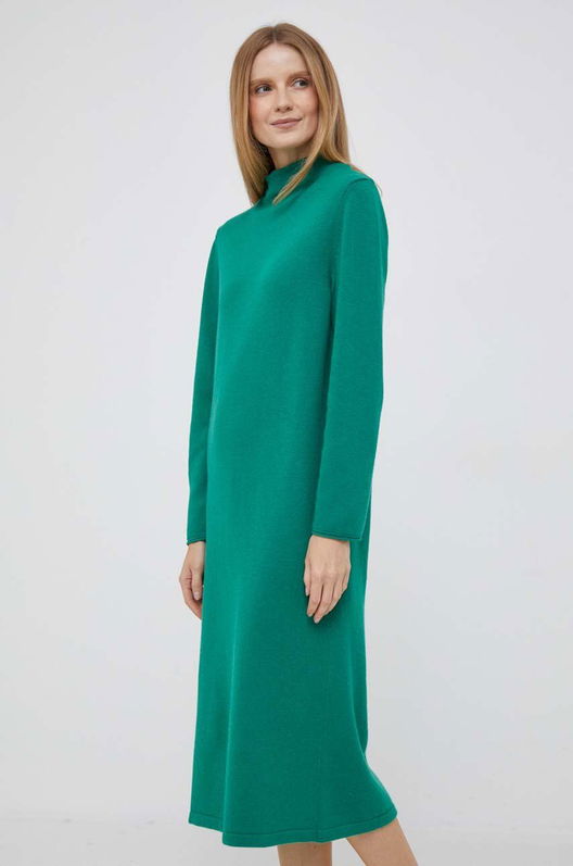United Colors of Benetton rochie din amestec de lana culoarea verde, midi, drept Dama