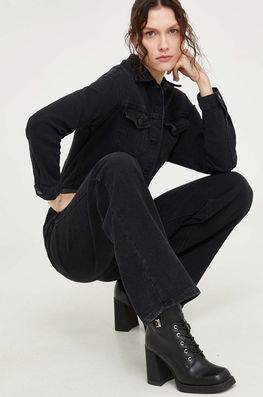 Answear Lab salopeta jeans culoarea negru, cu guler Dama