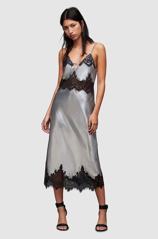 AllSaints rochie Ophelia culoarea gri, midi, drept Dama