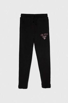 Guess pantaloni de trening din bumbac pentru copii culoarea negru, cu imprimeu Dama