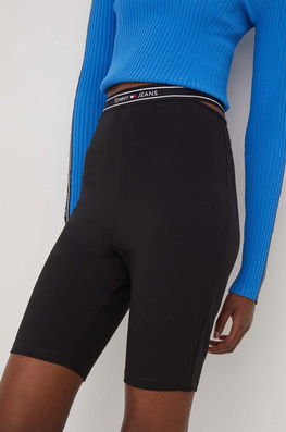 Tommy Jeans pantaloni scurti femei, culoarea negru, neted, high waist Dama