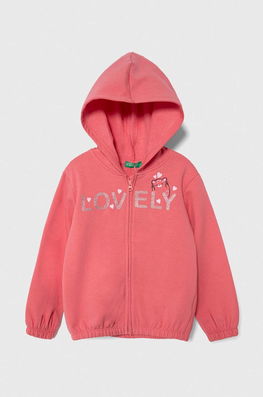 United Colors of Benetton bluza copii culoarea roz, cu glugă, cu imprimeu , Cu fermoar Dama